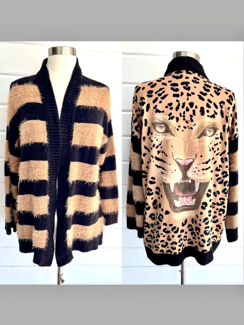 FARM RIO Striped Open Cardigan with Leopard Graphics - P